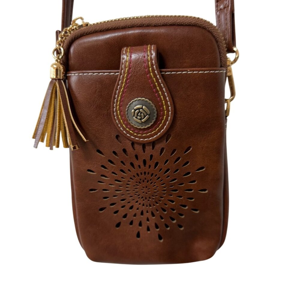 APHISON Cell Phone Crossbody Purse Coffee Brown Vegan Leather Tassel Travel